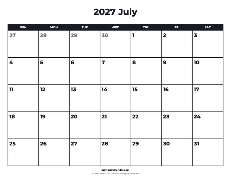 July 2027 Calendar — Bold essentials — US Letter · Landscape · Sunday start
