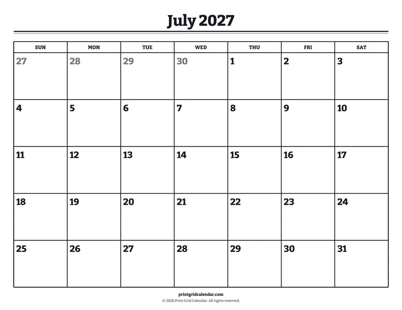July 2027 Calendar — Bookish bold — US Letter · Landscape · Sunday start