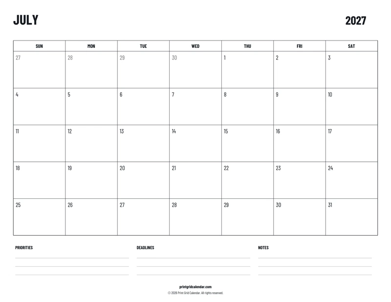 July 2027 Calendar — Plans below — US Letter · Landscape · Sunday start