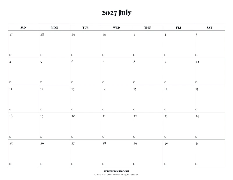 July 2027 Calendar — Editorial checklist — US Letter · Landscape · Sunday start