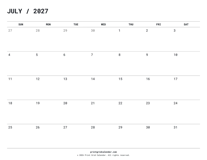July 2027 Calendar — Quiet minimal — US Letter · Landscape · Sunday start