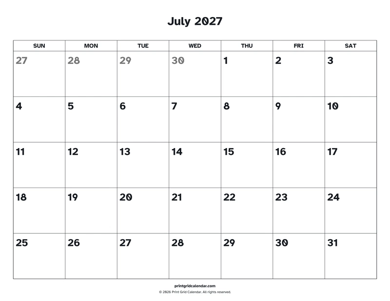 July 2027 Calendar — Easy read — US Letter · Landscape · Sunday start