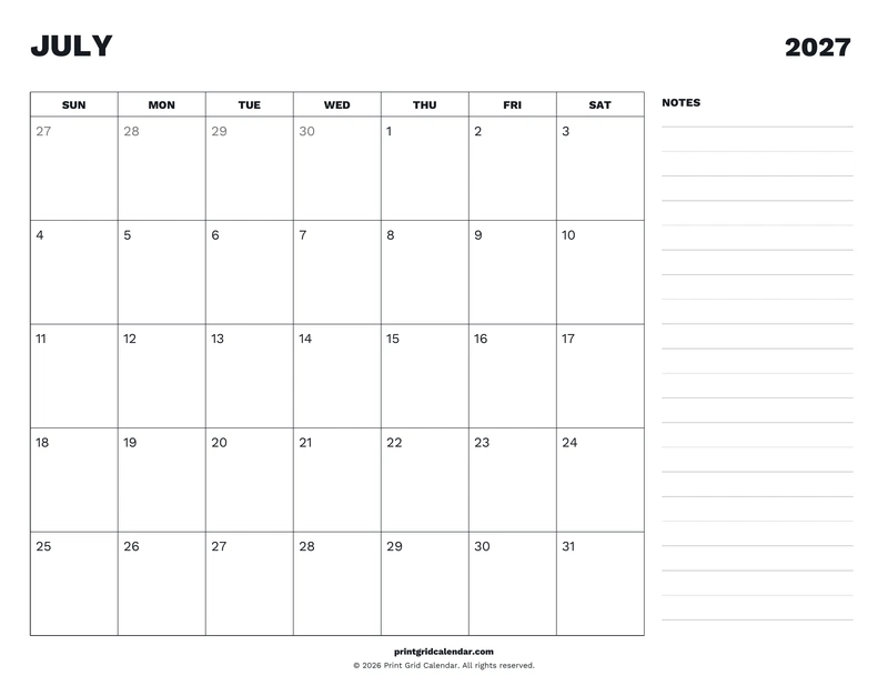 July 2027 Calendar — Desk notes — US Letter · Landscape · Sunday start