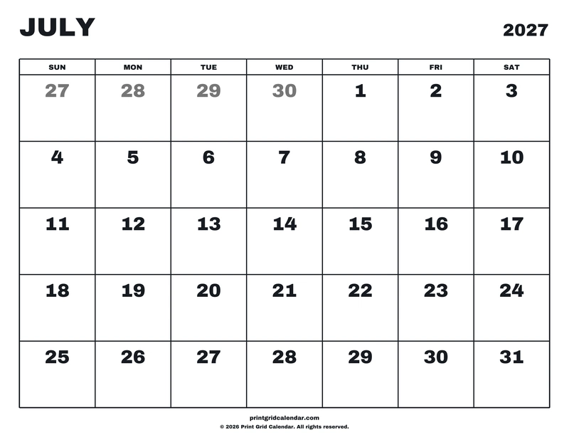 July 2027 Calendar — Big statement — US Letter · Landscape · Sunday start