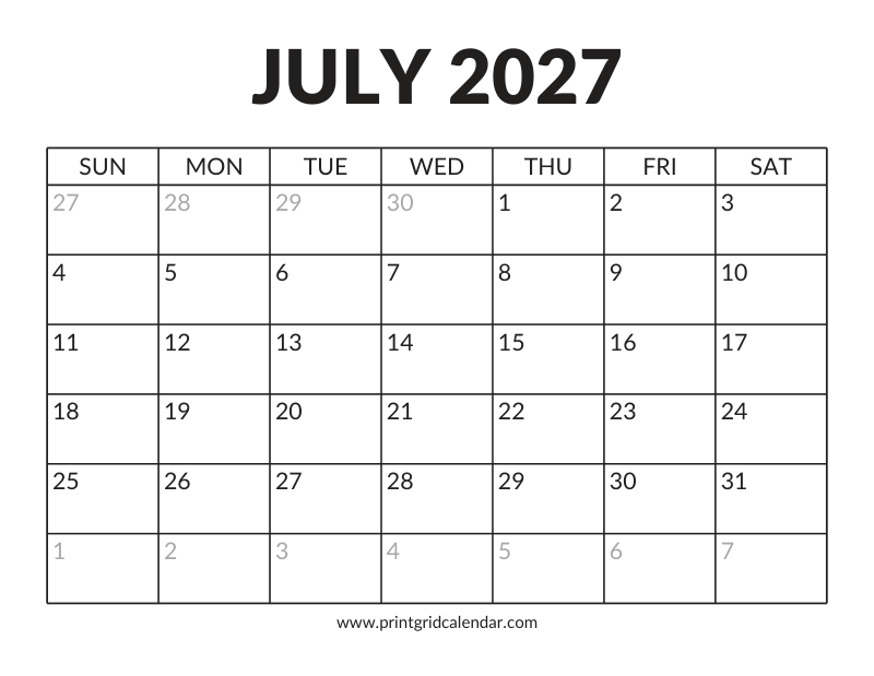 July 2027 Calendar — Bold Display — US Letter · Landscape · Sunday start