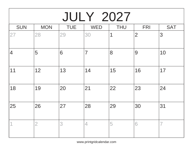 July 2027 Calendar — Classic Frame — US Letter · Landscape · Sunday start