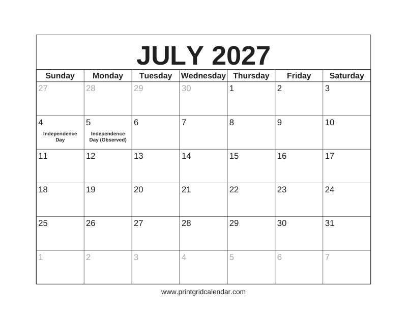 July 2027 Calendar — US Holidays & Observances — US Letter · Landscape · Sunday start