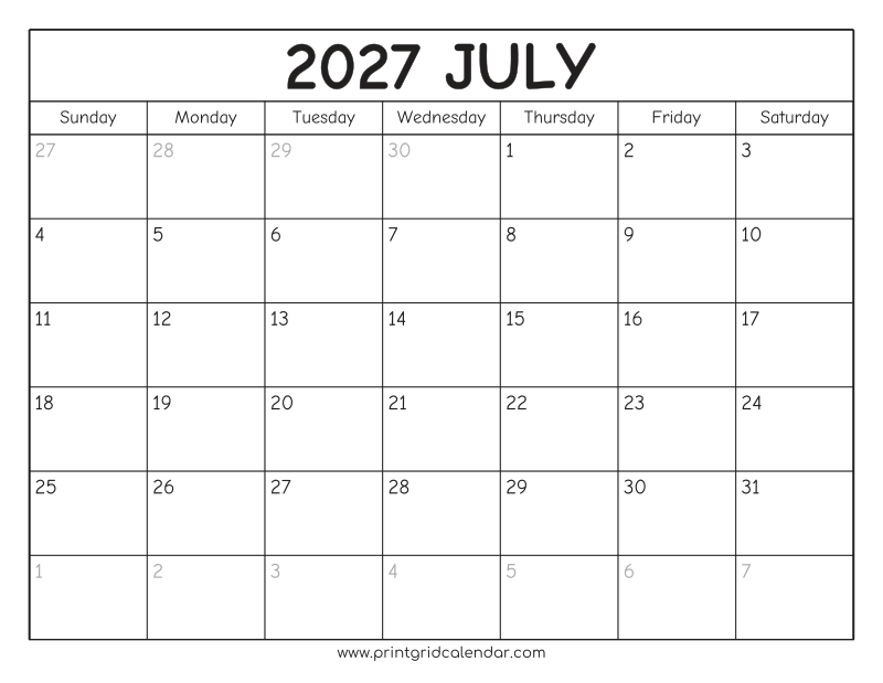 July 2027 Calendar — Rounded Outline — US Letter · Landscape · Sunday start