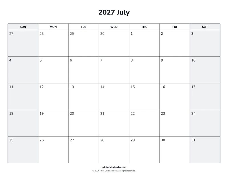 July 2027 Calendar — Weekend rhythm — US Letter · Landscape · Sunday start