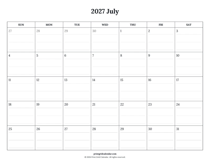 July 2027 Calendar — Ruled journal — US Letter · Landscape · Sunday start