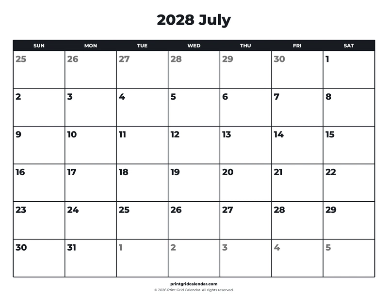 July 2028 Calendar — Bold essentials — US Letter · Landscape · Sunday start