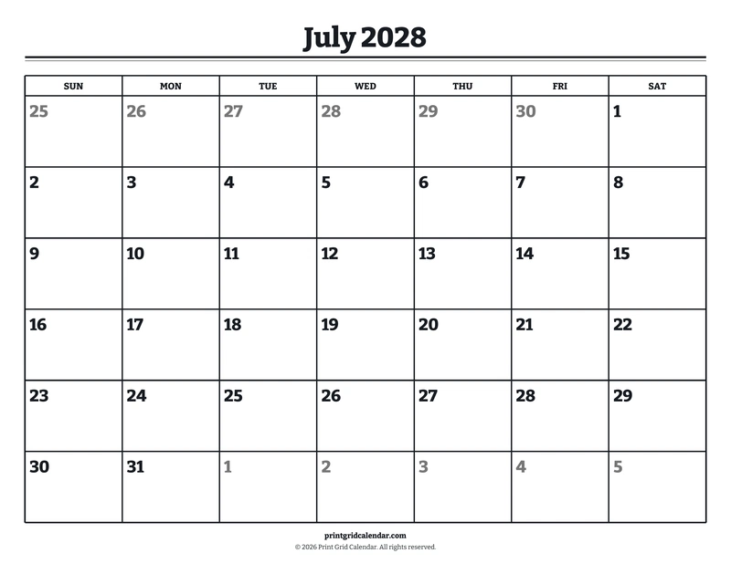July 2028 Calendar — Bookish bold — US Letter · Landscape · Sunday start