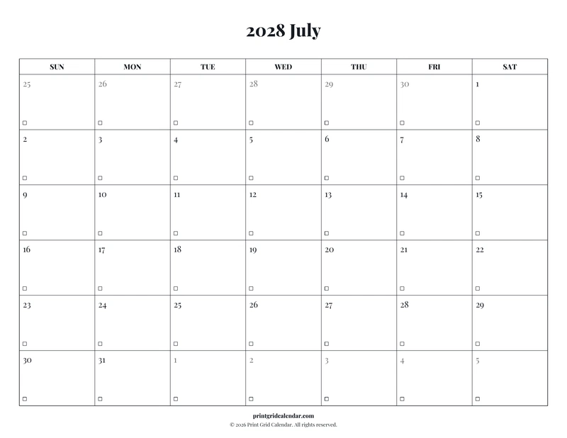 July 2028 Calendar — Editorial checklist — US Letter · Landscape · Sunday start