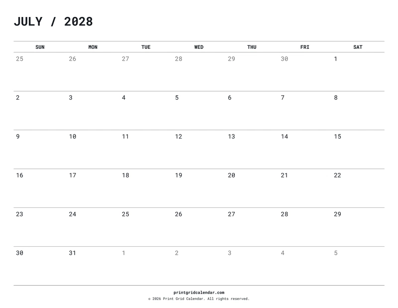 July 2028 Calendar — Quiet minimal — US Letter · Landscape · Sunday start