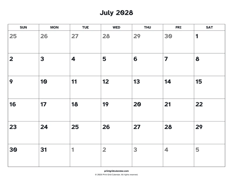 July 2028 Calendar — Easy read — US Letter · Landscape · Sunday start