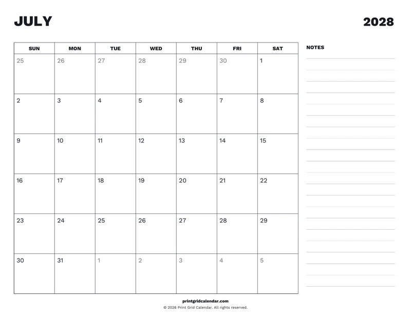 July 2028 Calendar — Desk notes — US Letter · Landscape · Sunday start