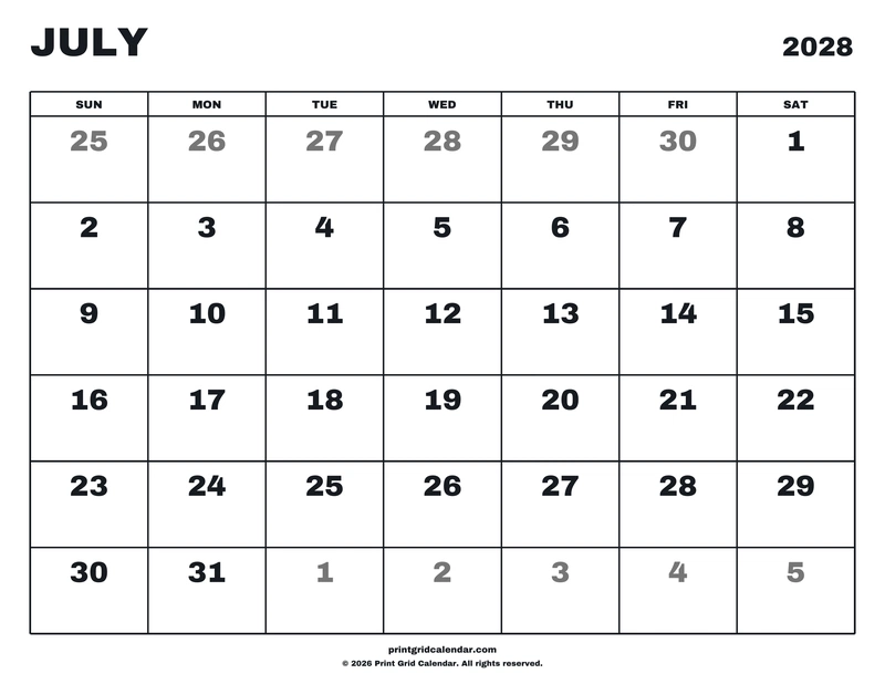 July 2028 Calendar — Big statement — US Letter · Landscape · Sunday start