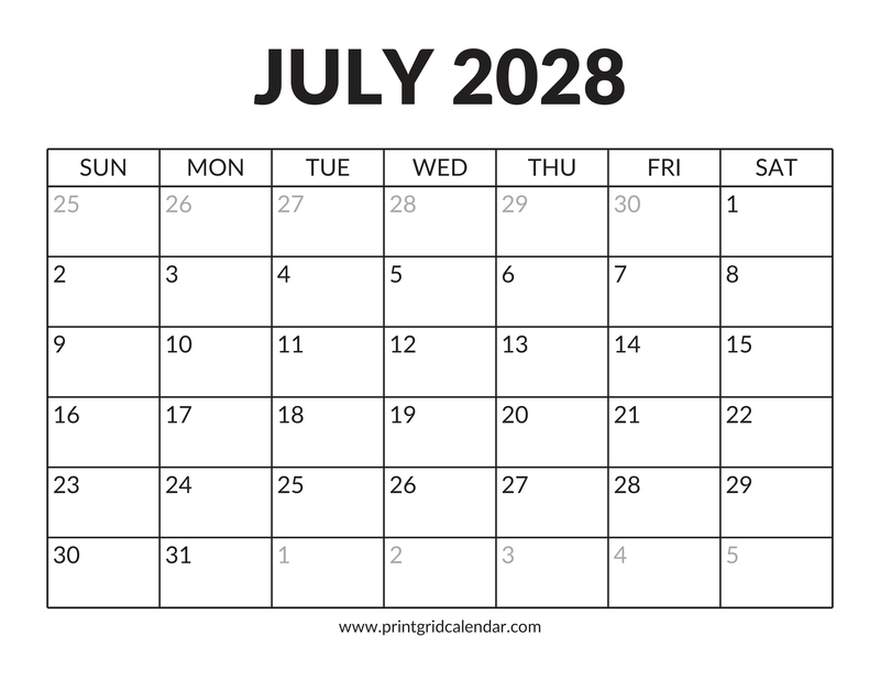 July 2028 Calendar — Bold Display — US Letter · Landscape · Sunday start