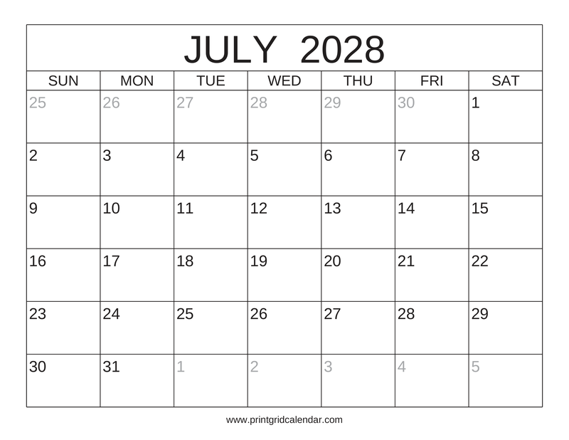 July 2028 Calendar — Classic Frame — US Letter · Landscape · Sunday start