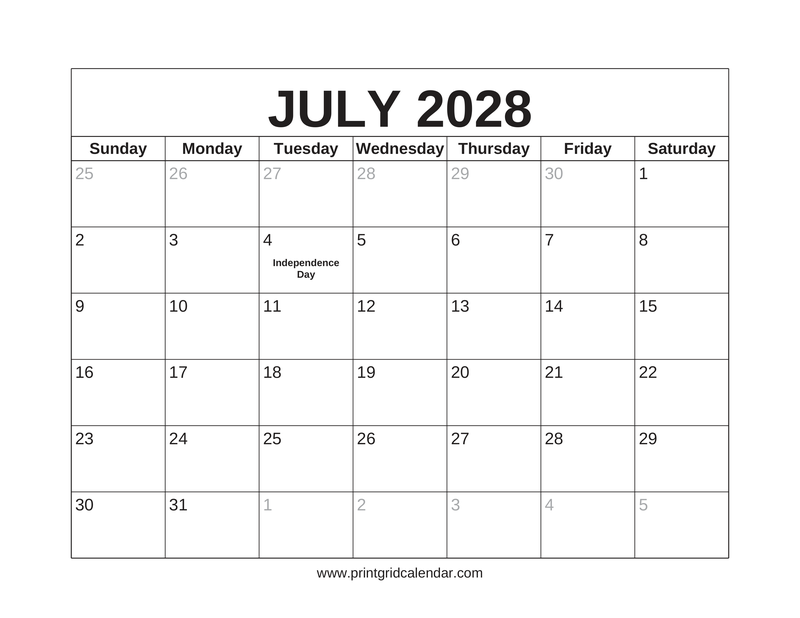 July 2028 Calendar — US Holidays & Observances — US Letter · Landscape · Sunday start