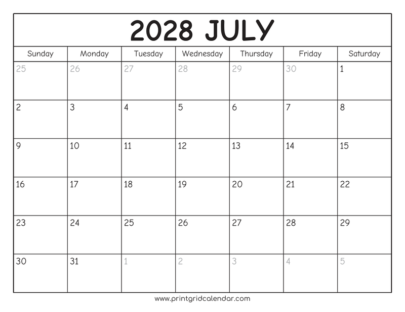 July 2028 Calendar — Rounded Outline — US Letter · Landscape · Sunday start
