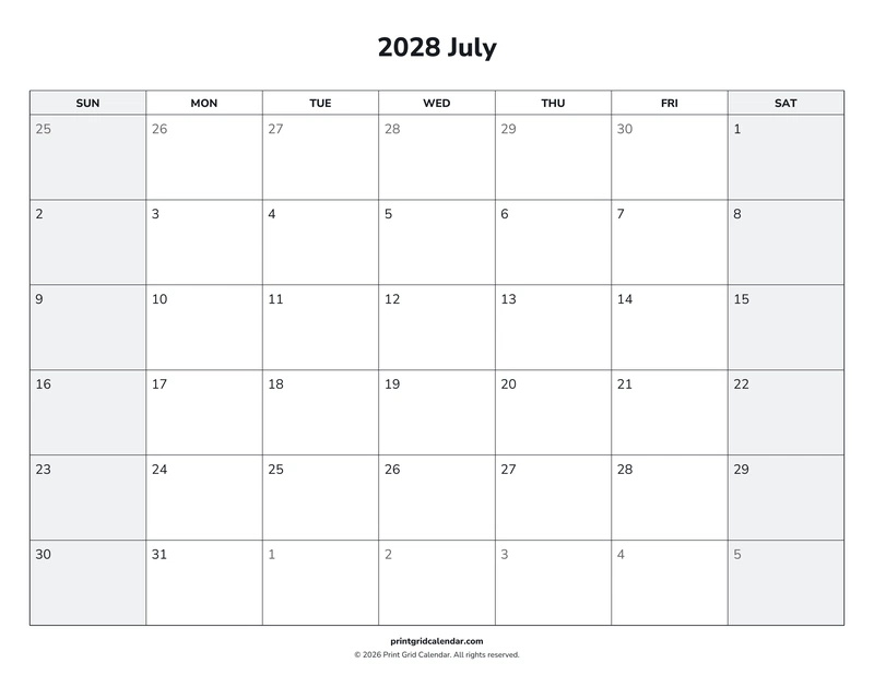 July 2028 Calendar — Weekend rhythm — US Letter · Landscape · Sunday start