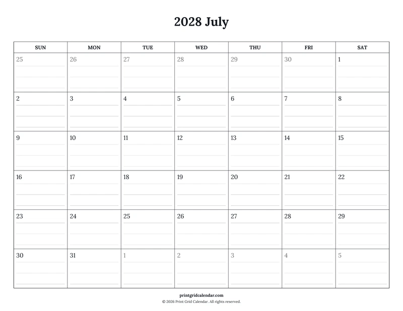 July 2028 Calendar — Ruled journal — US Letter · Landscape · Sunday start