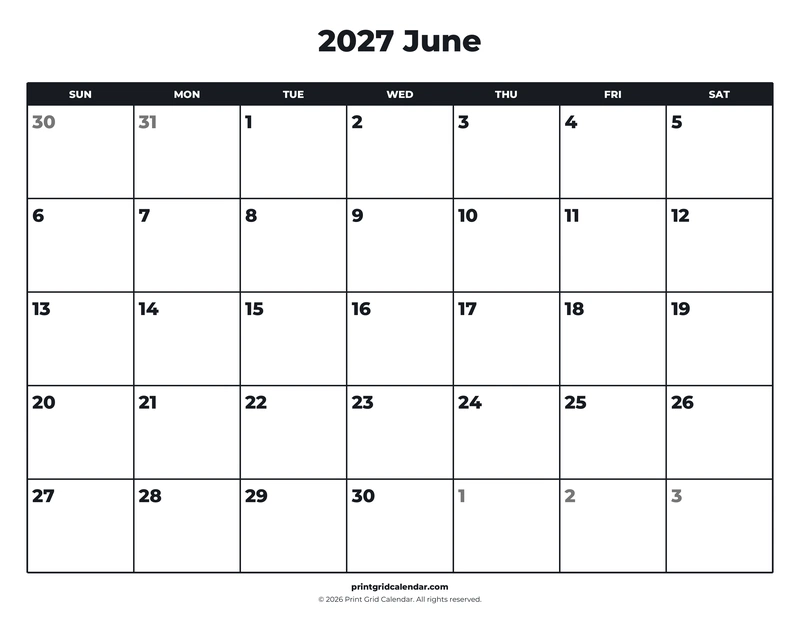 June 2027 Calendar — Bold essentials — US Letter · Landscape · Sunday start