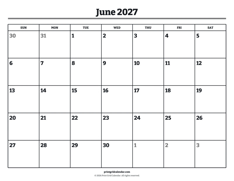 June 2027 Calendar — Bookish bold — US Letter · Landscape · Sunday start
