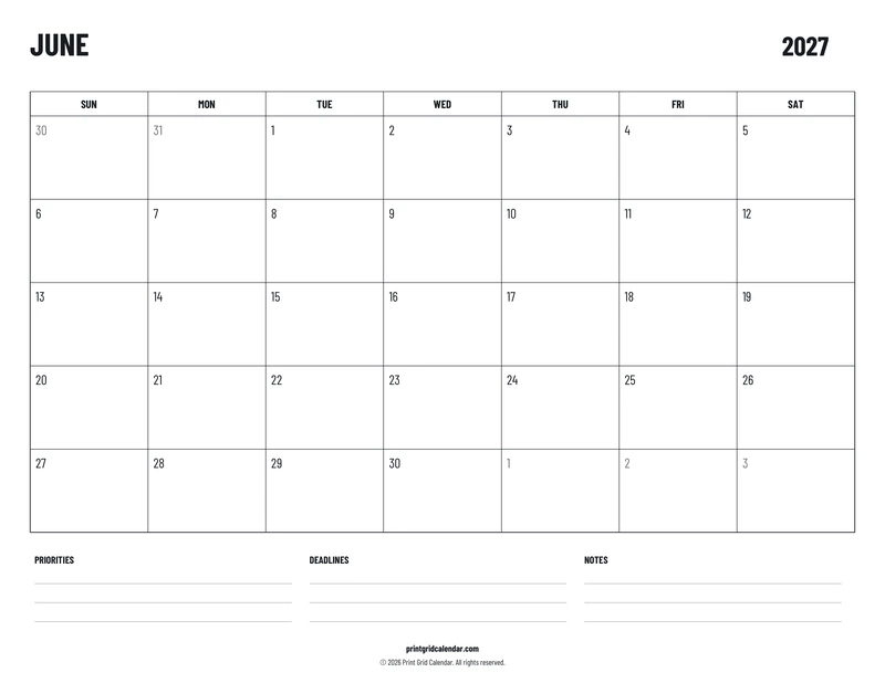 June 2027 Calendar — Plans below — US Letter · Landscape · Sunday start