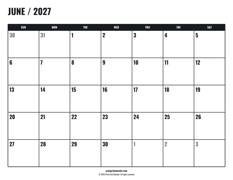 June 2027 Calendar — Tall workspace — US Letter · Landscape · Sunday start