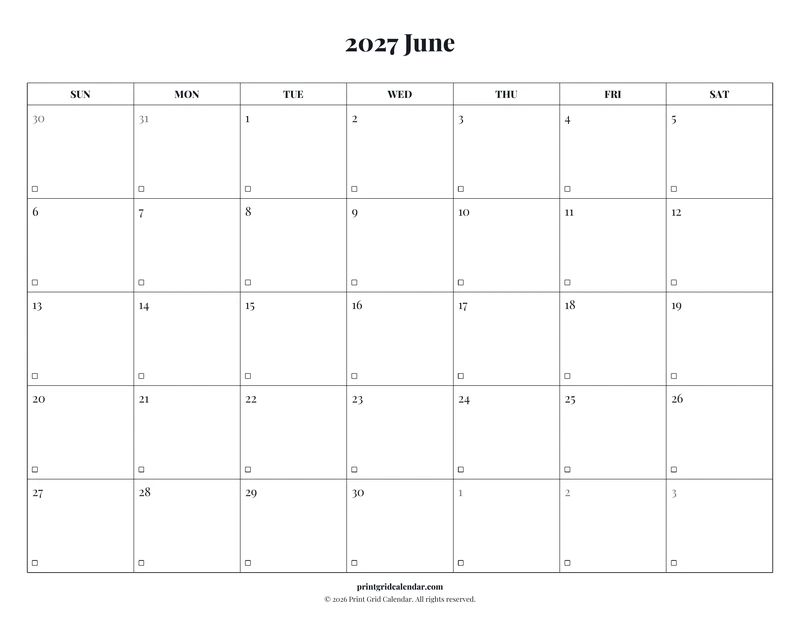 June 2027 Calendar — Editorial checklist — US Letter · Landscape · Sunday start