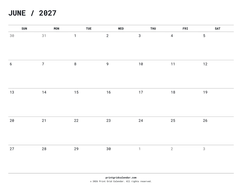 June 2027 Calendar — Quiet minimal — US Letter · Landscape · Sunday start