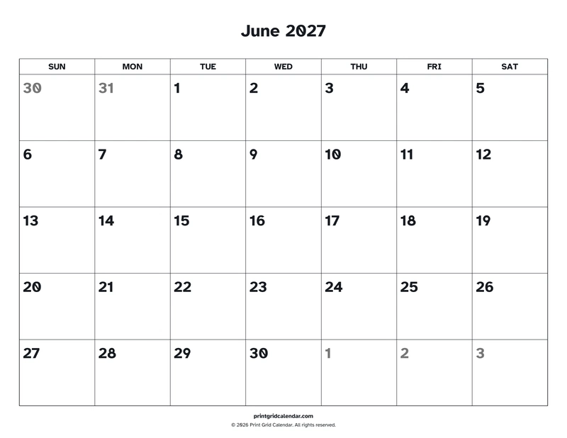 June 2027 Calendar — Easy read — US Letter · Landscape · Sunday start