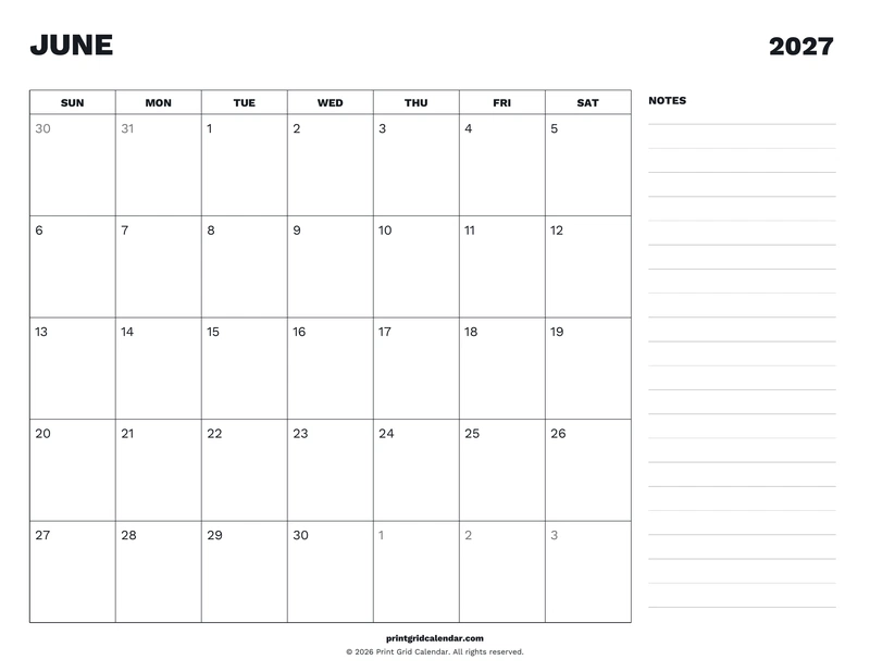 June 2027 Calendar — Desk notes — US Letter · Landscape · Sunday start