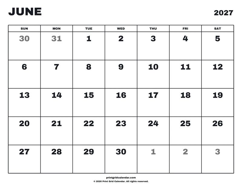 June 2027 Calendar — Big statement — US Letter · Landscape · Sunday start