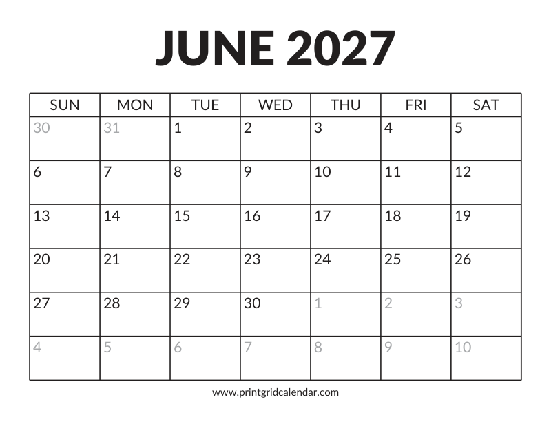 June 2027 Calendar — Bold Display — US Letter · Landscape · Sunday start