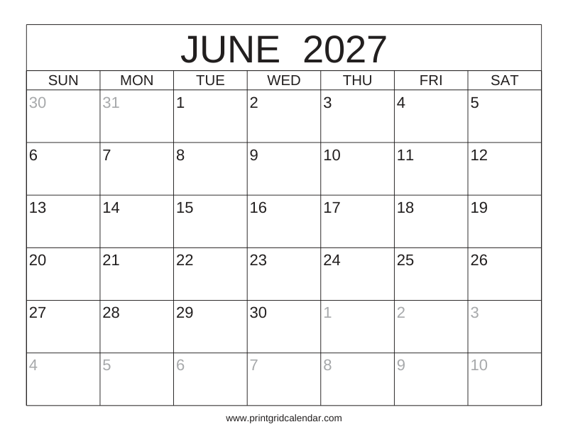 June 2027 Calendar — Classic Frame — US Letter · Landscape · Sunday start