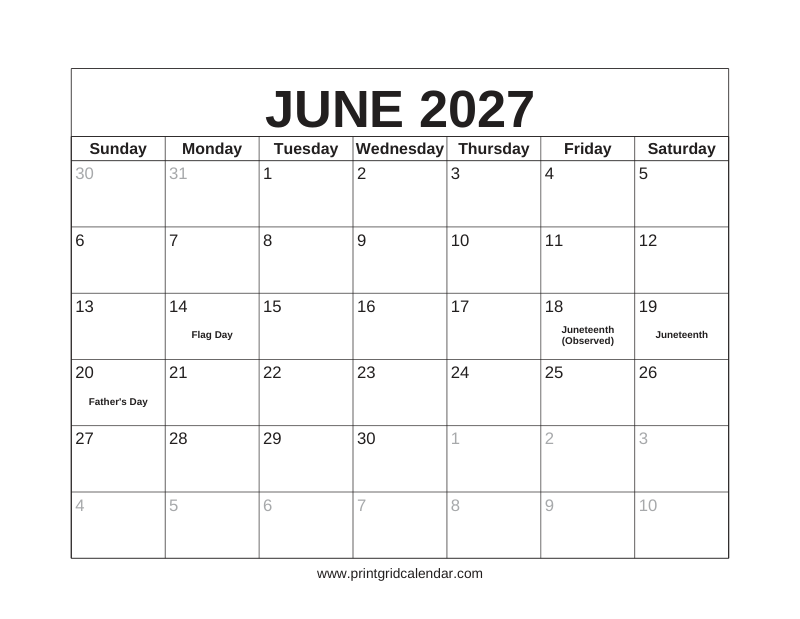 June 2027 Calendar — US Holidays & Observances — US Letter · Landscape · Sunday start