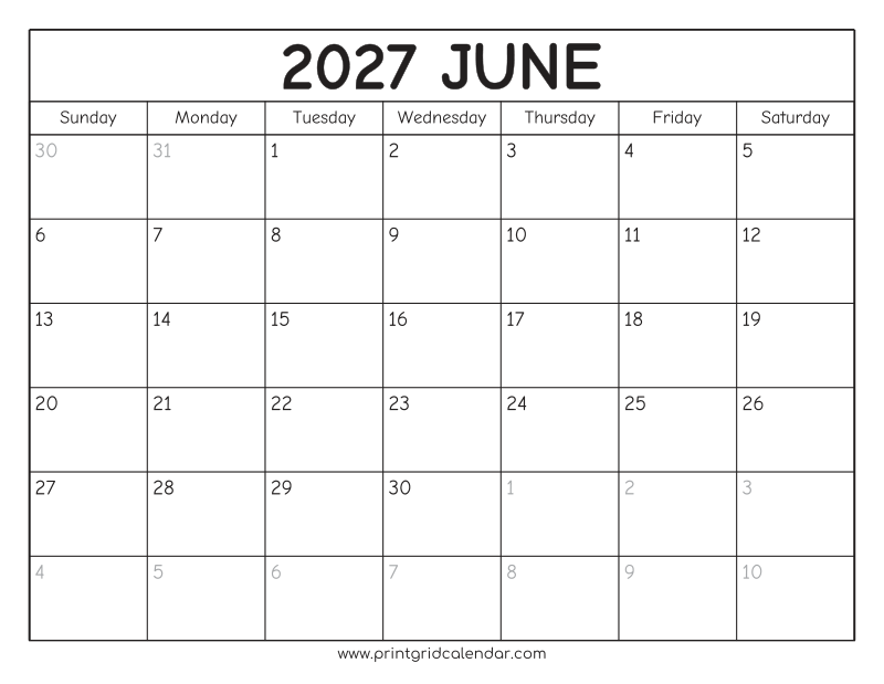 June 2027 Calendar — Rounded Outline — US Letter · Landscape · Sunday start