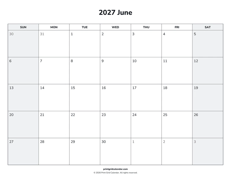 June 2027 Calendar — Weekend rhythm — US Letter · Landscape · Sunday start