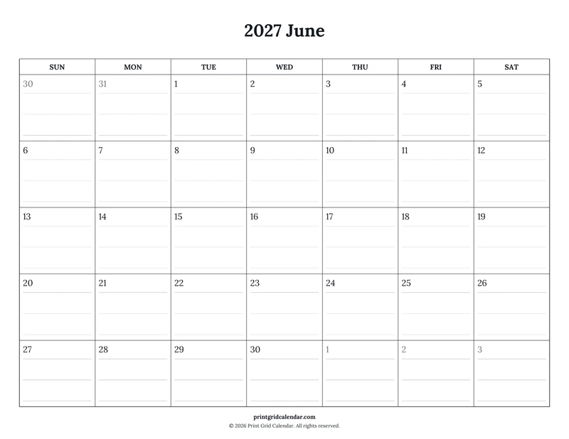 June 2027 Calendar — Ruled journal — US Letter · Landscape · Sunday start