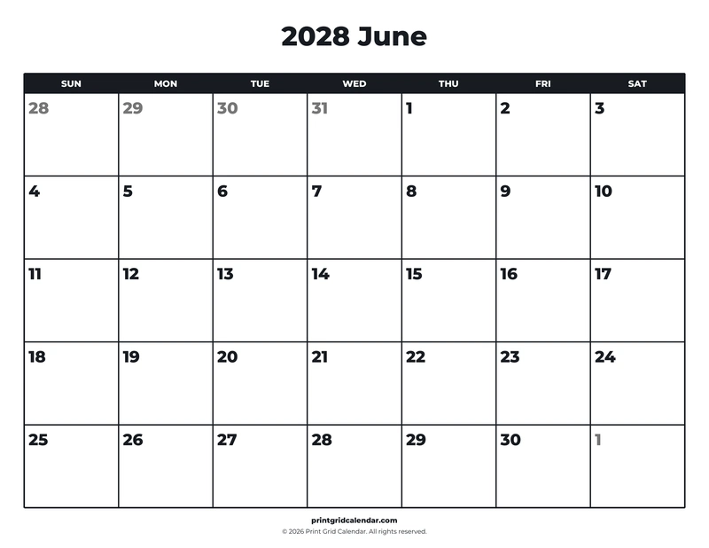June 2028 Calendar — Bold essentials — US Letter · Landscape · Sunday start