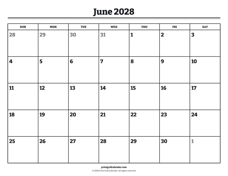 June 2028 Calendar — Bookish bold — US Letter · Landscape · Sunday start