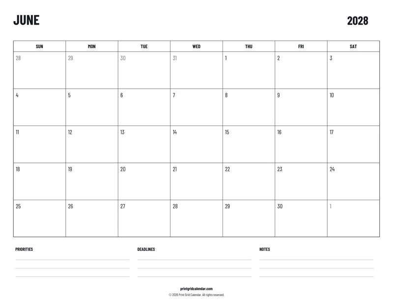 June 2028 Calendar — Plans below — US Letter · Landscape · Sunday start