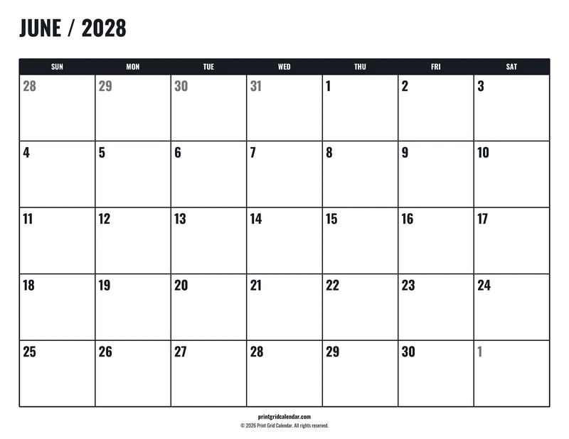 June 2028 Calendar — Tall workspace — US Letter · Landscape · Sunday start