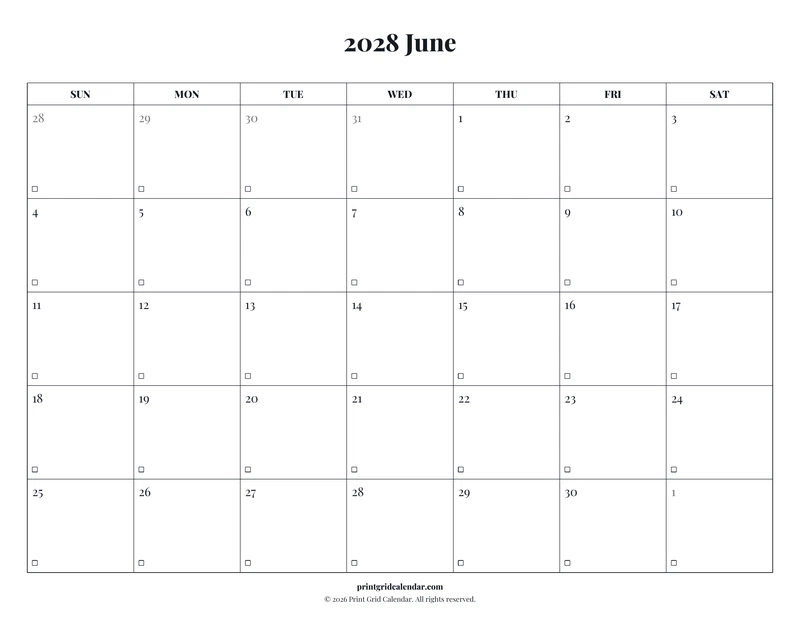 June 2028 Calendar — Editorial checklist — US Letter · Landscape · Sunday start