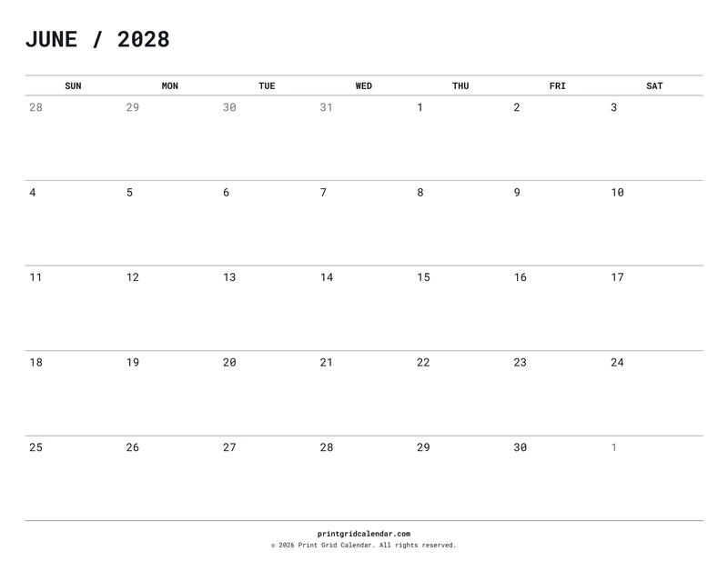 June 2028 Calendar — Quiet minimal — US Letter · Landscape · Sunday start