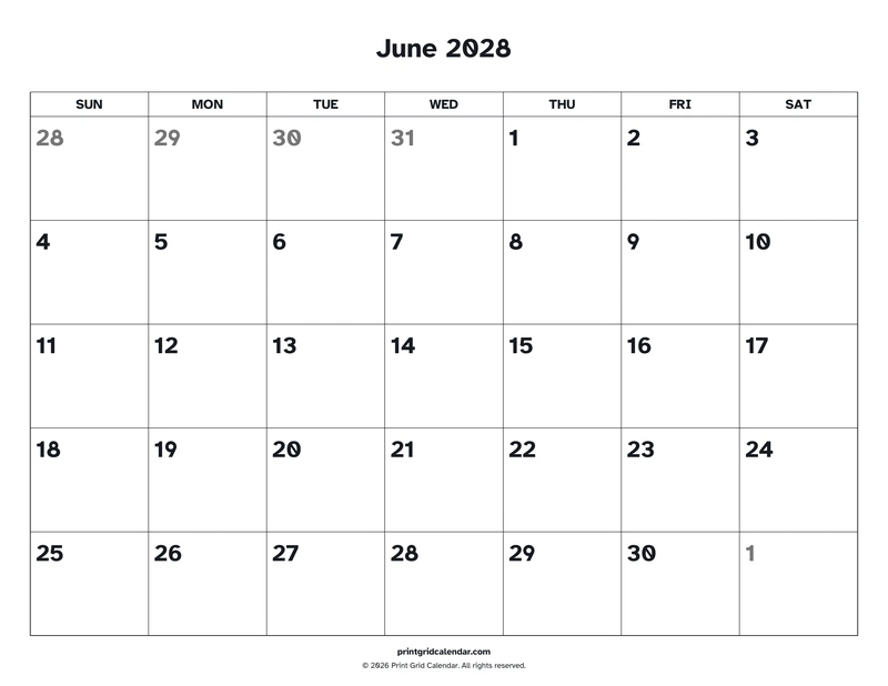 June 2028 Calendar — Easy read — US Letter · Landscape · Sunday start