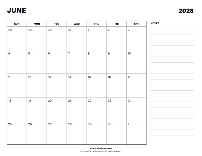 June 2028 Calendar — Desk notes — US Letter · Landscape · Sunday start